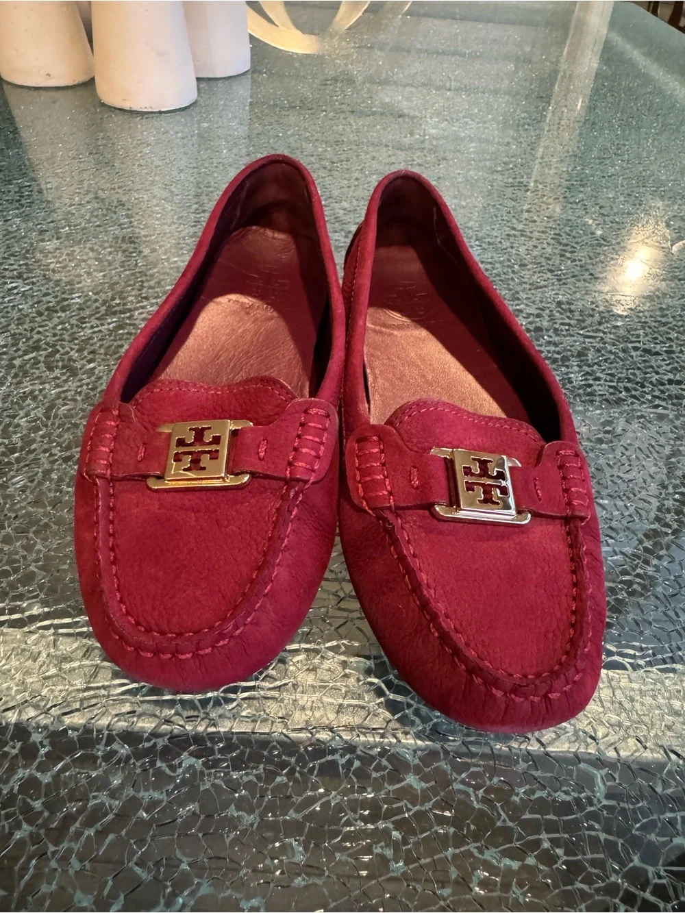 Tory Burch Deep Red Suede Loafers with Gold Logo 8 M